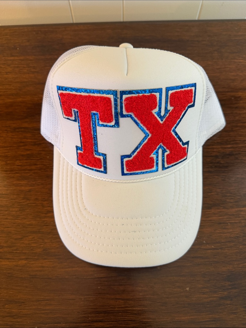 White Trucker Hat with Red TX Patch